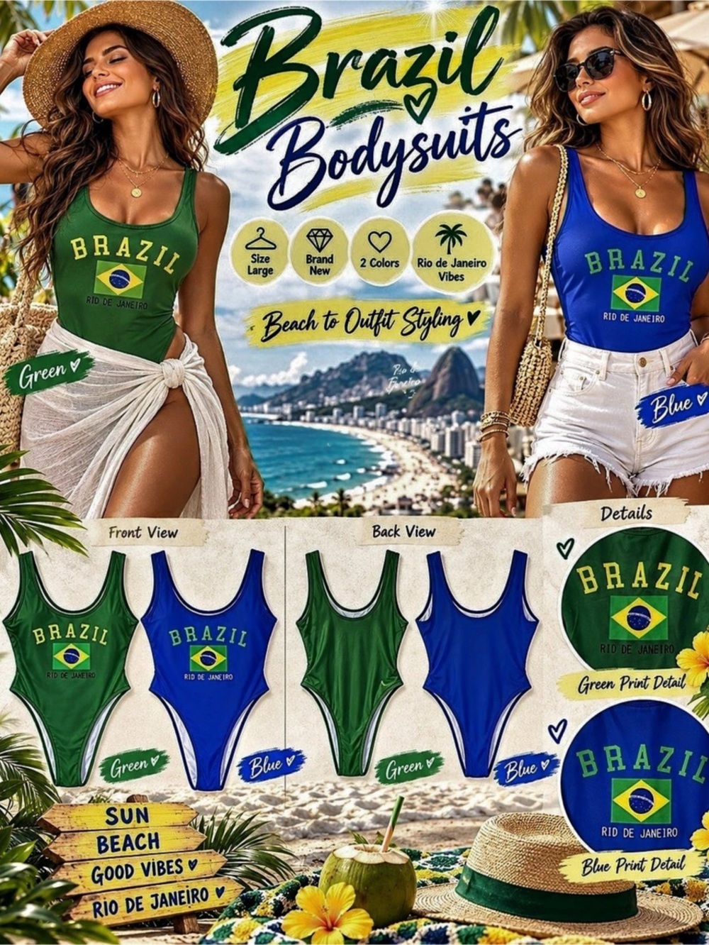 Brazil Rio de Janeiro One-Piece Swimsuit Set of 2, sz m